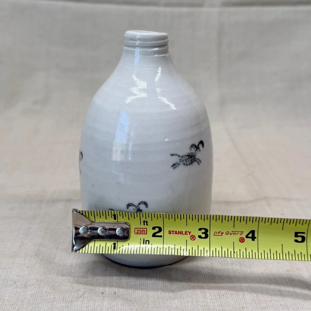 Mini Pottery Bottle Vase Blue White Ceramic Vessel Primitive Country Shelf Decor